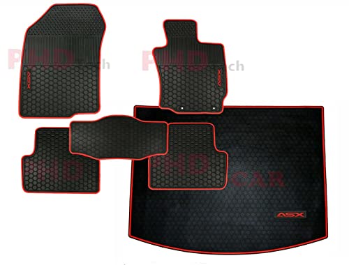 All Weather Rubber Car Floor Mats & Boot Liner Set fit MITSUBISHI ASX 2010-2022 Red Trim