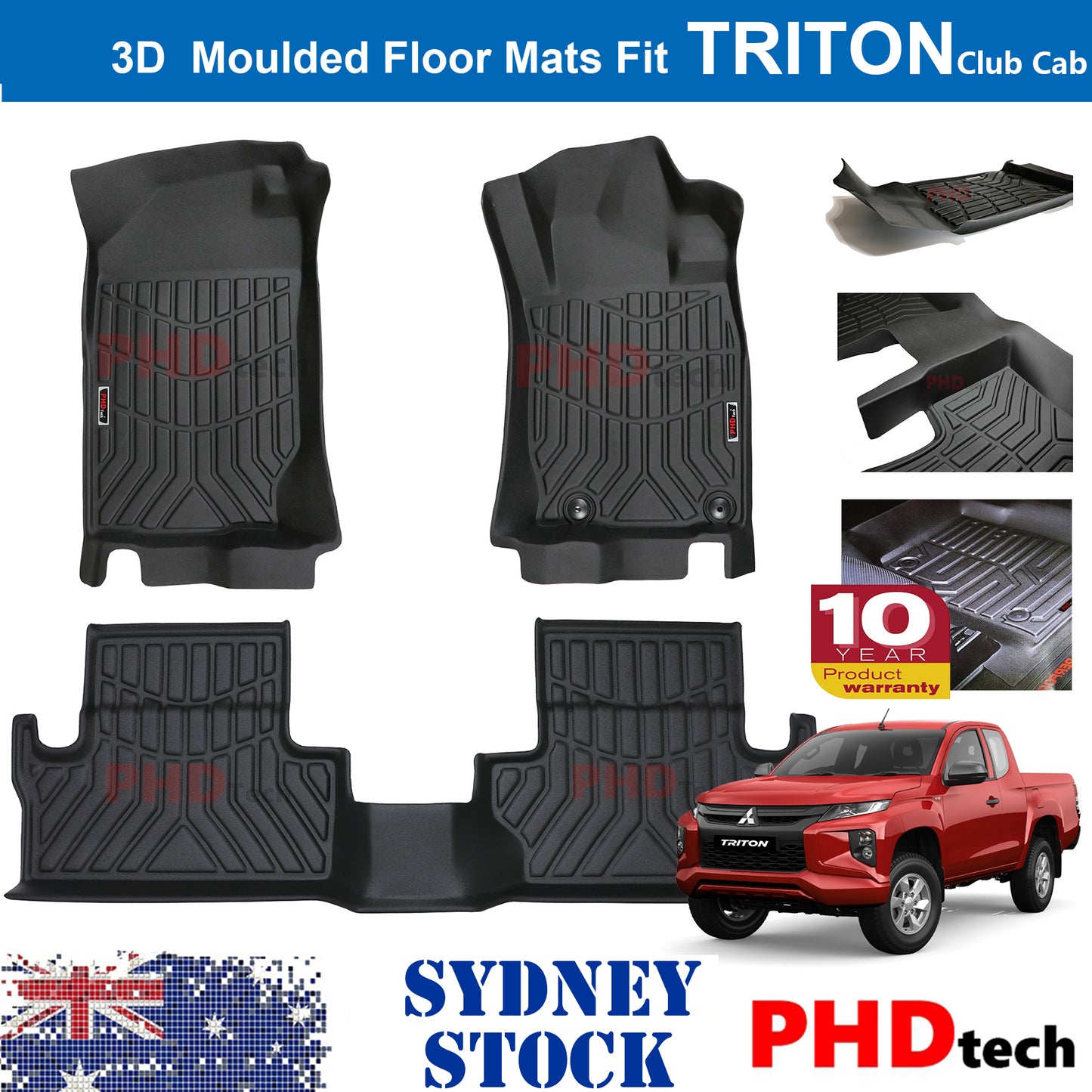 3D MOULDED CAR FLOOR MATS Mitsubishi Triton Club Cab MQ/MR 2015-2023