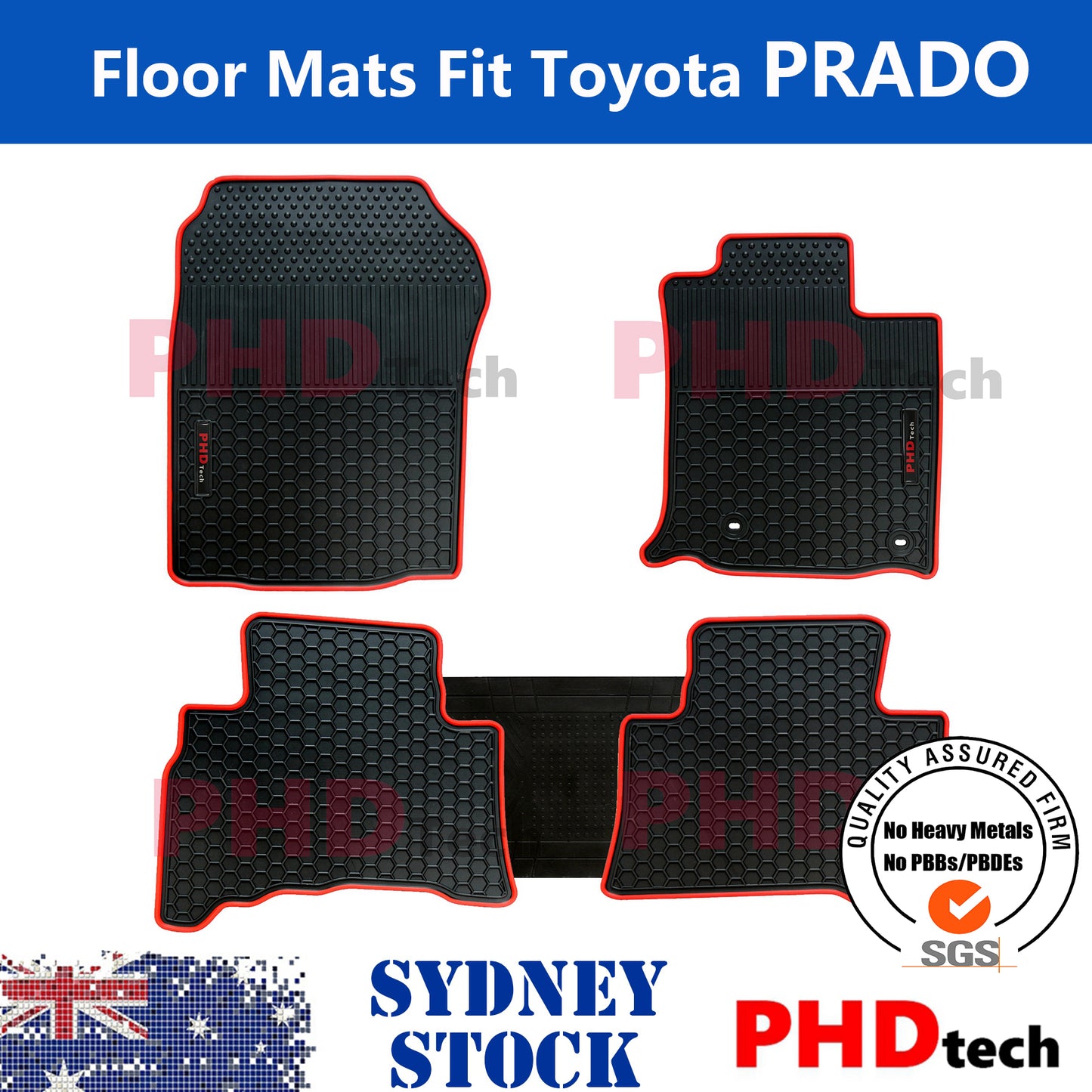 All Weather Rubber Car Floor Mats Fit Toyota Landcruiser Prado 150 Land Cruiser 2013-2024 Red Trim
