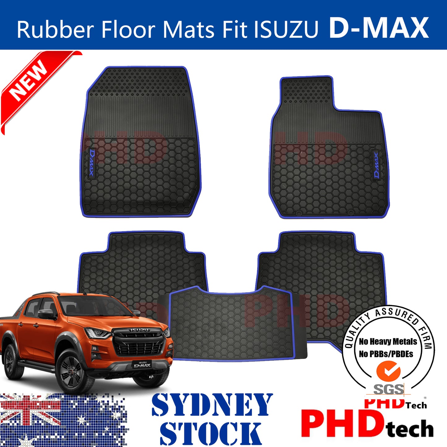 All Weather Rubber Car Floor Mats Fit ISUZU D-MAX Dual Cab DMAX 2021~ Blue Trim
