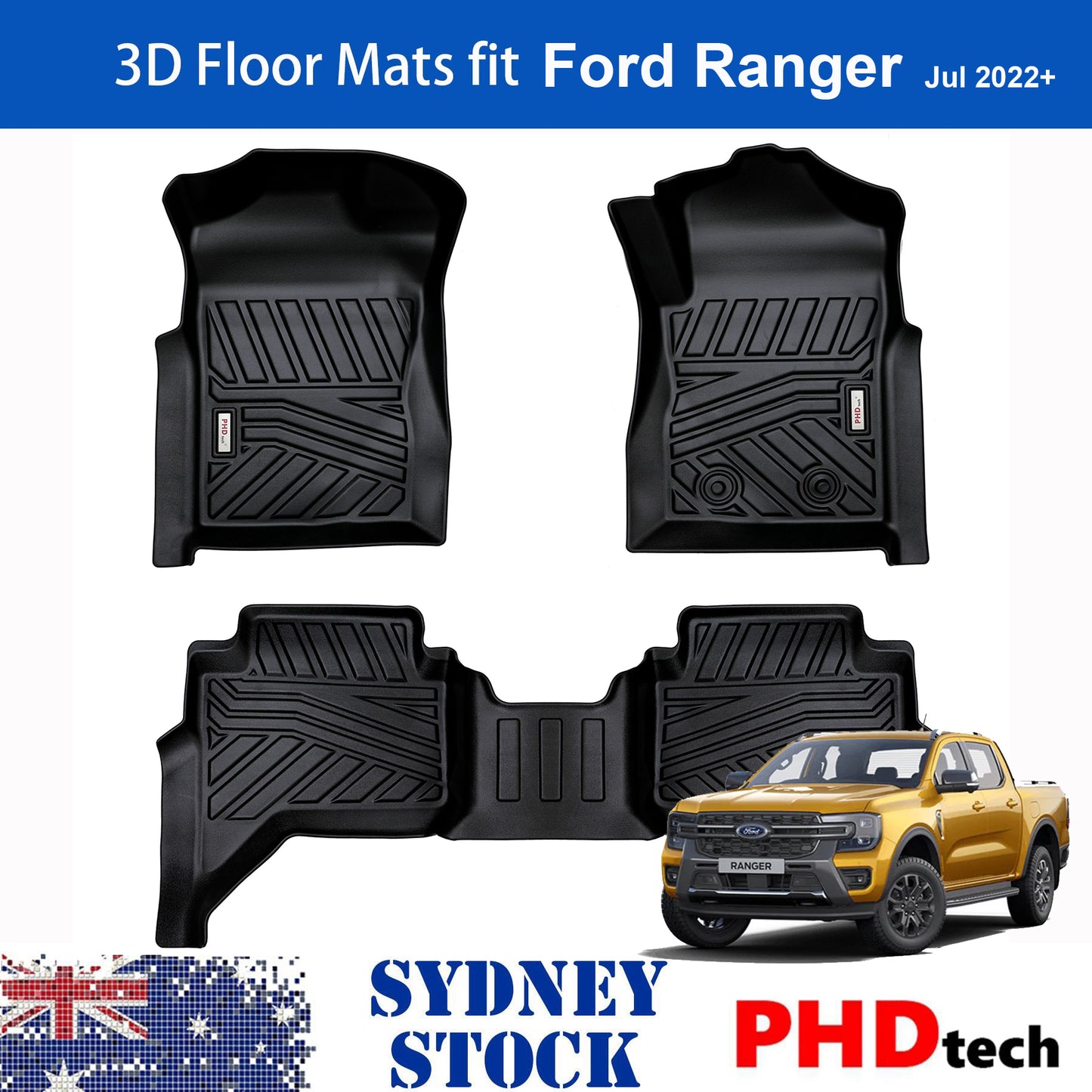 3D Moulded Car Floor Mats fit Ford Ranger Dual Cab Jul. 2022~Onwards XL XLS XLT Sport Wildtrak Raptor