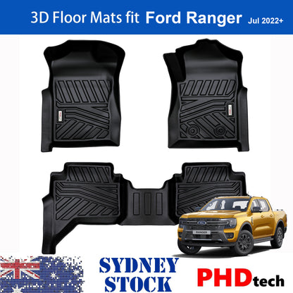 3D Moulded Car Floor Mats fit Ford Ranger Dual Cab Jul. 2022~Onwards XL XLS XLT Sport Wildtrak Raptor